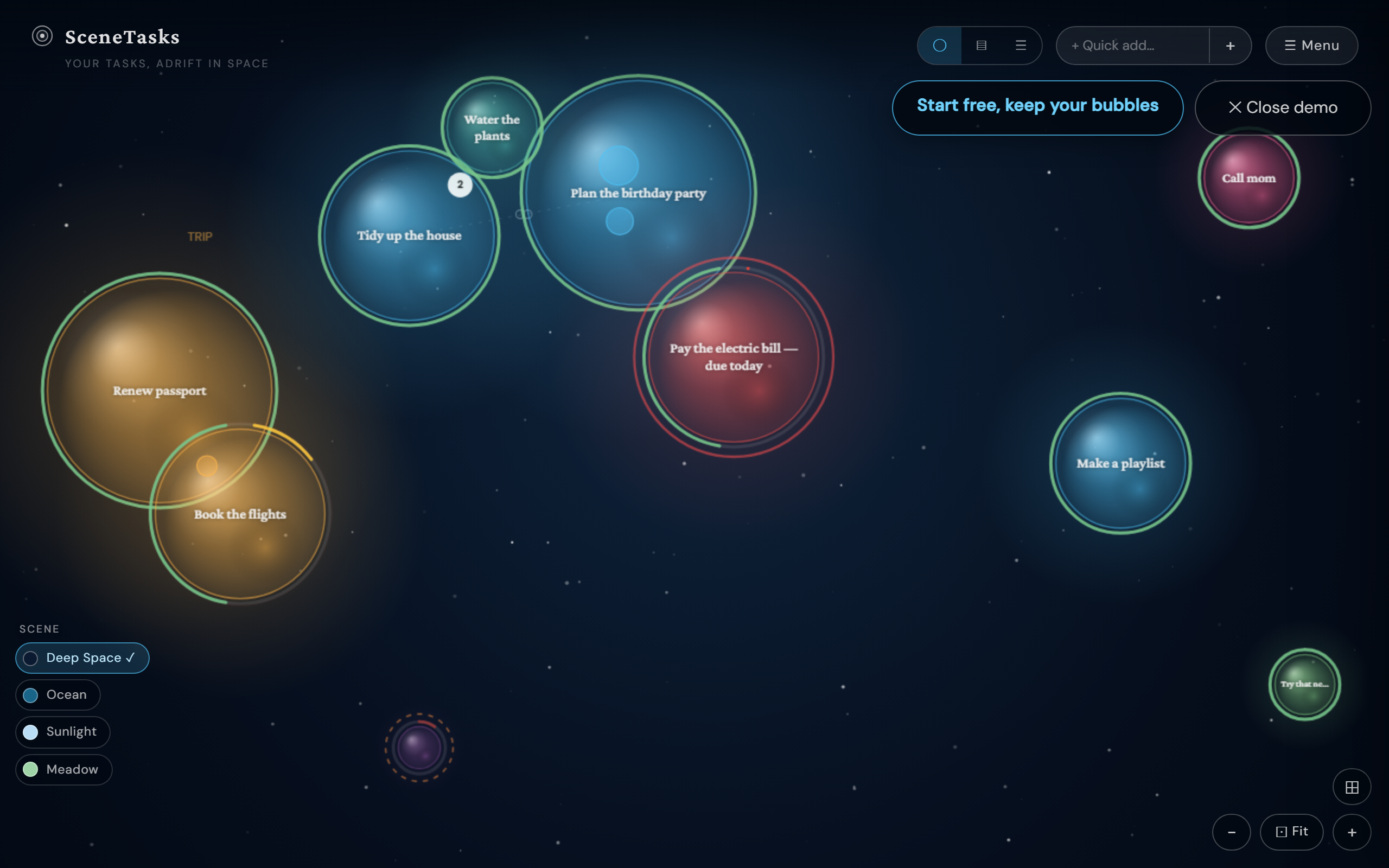 The SceneTasks canvas, tasks as floating bubbles